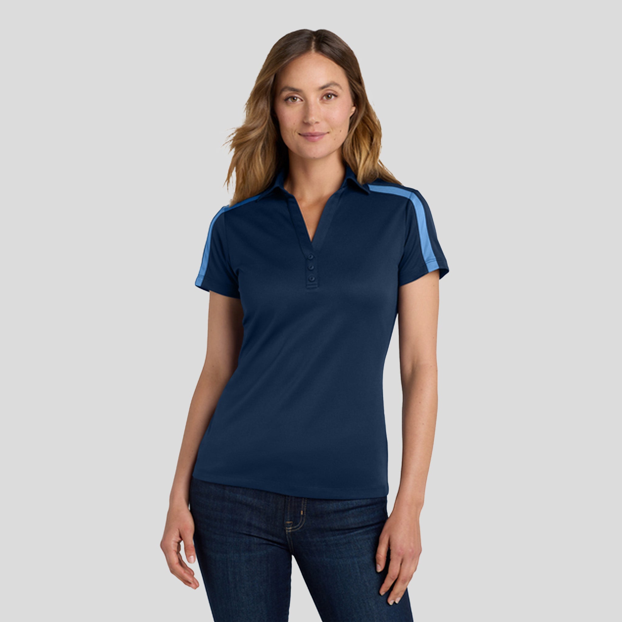 Women's Silk Touch™ Performance Colorblock Stripe Polo | Navy/Carolina Blue