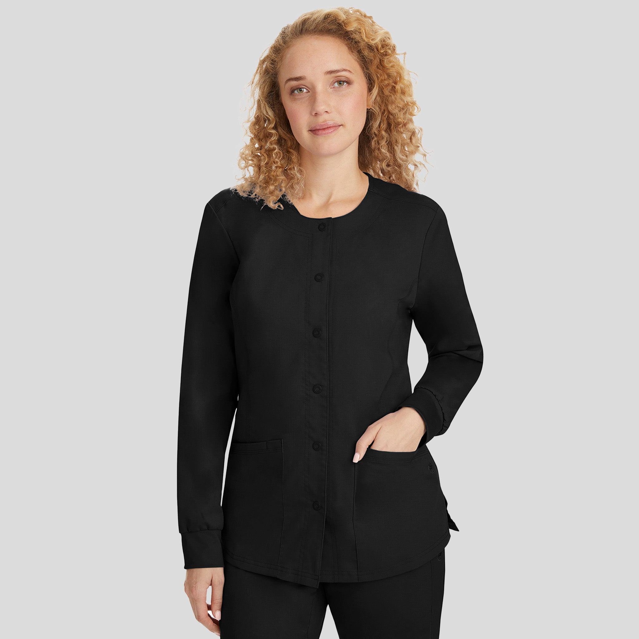 Daisy Snap Front Warm-Up Solid Scrub Jacket | Black