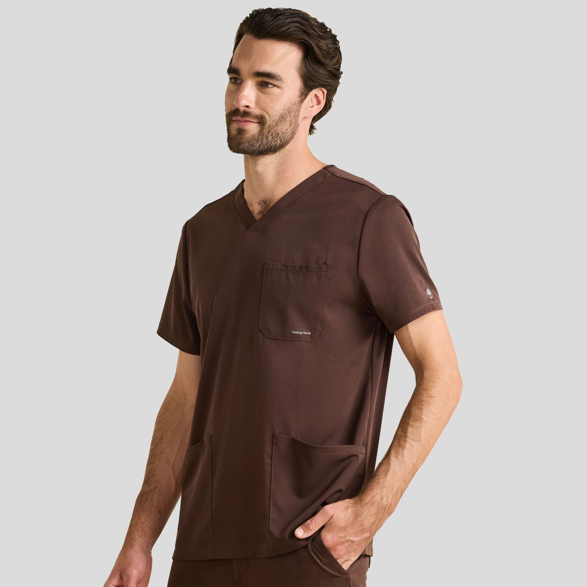 Men's Matthew V-Neck Solid Scrub Top | Dark Chocolate